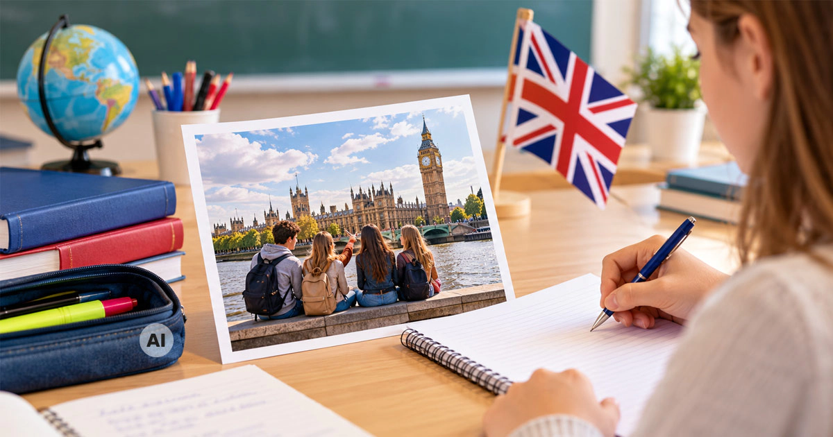 Schülerin beschreibt ein Bild von London im Englischunterricht