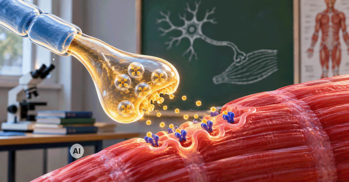 Darstellung einer neuromuskulären Synapse zwischen Nervenzelle und Muskelfaser