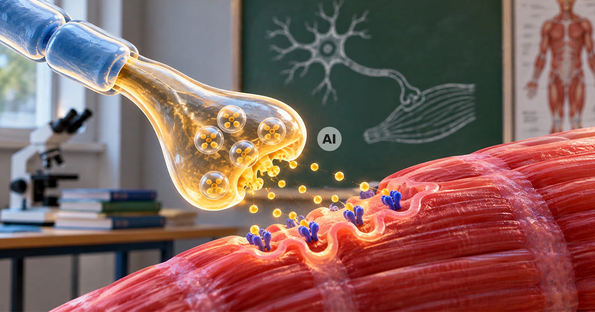 Darstellung einer neuromuskulären Synapse zwischen Nervenzelle und Muskelfaser