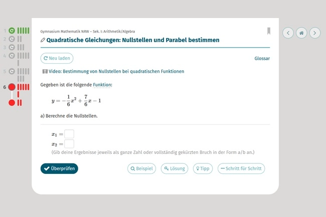 Screenshot STARK Lernstudio: Quadratische Gleichungen Nullstellen und Parabel bestimmen