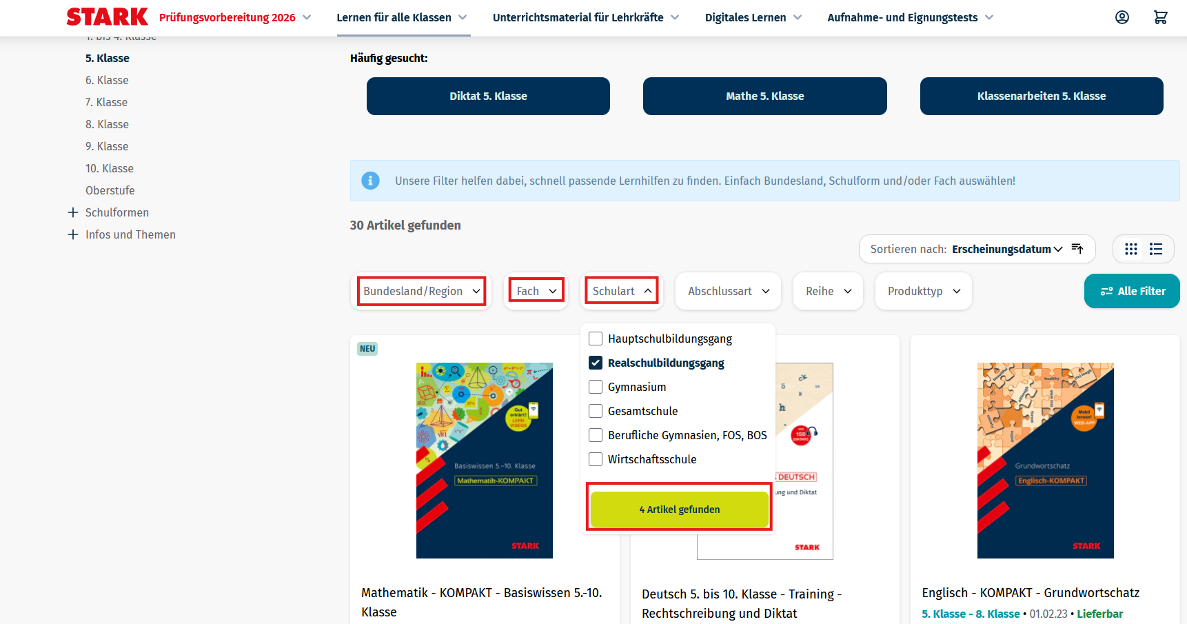Produktauswahl im STARK Onlineshop - Filtermöglichkeiten