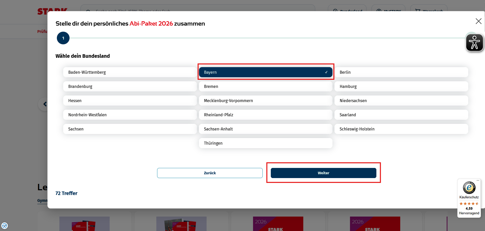 Produktsuche im STARK Onlineshop - Bundeslandauswahl im Produktfinder