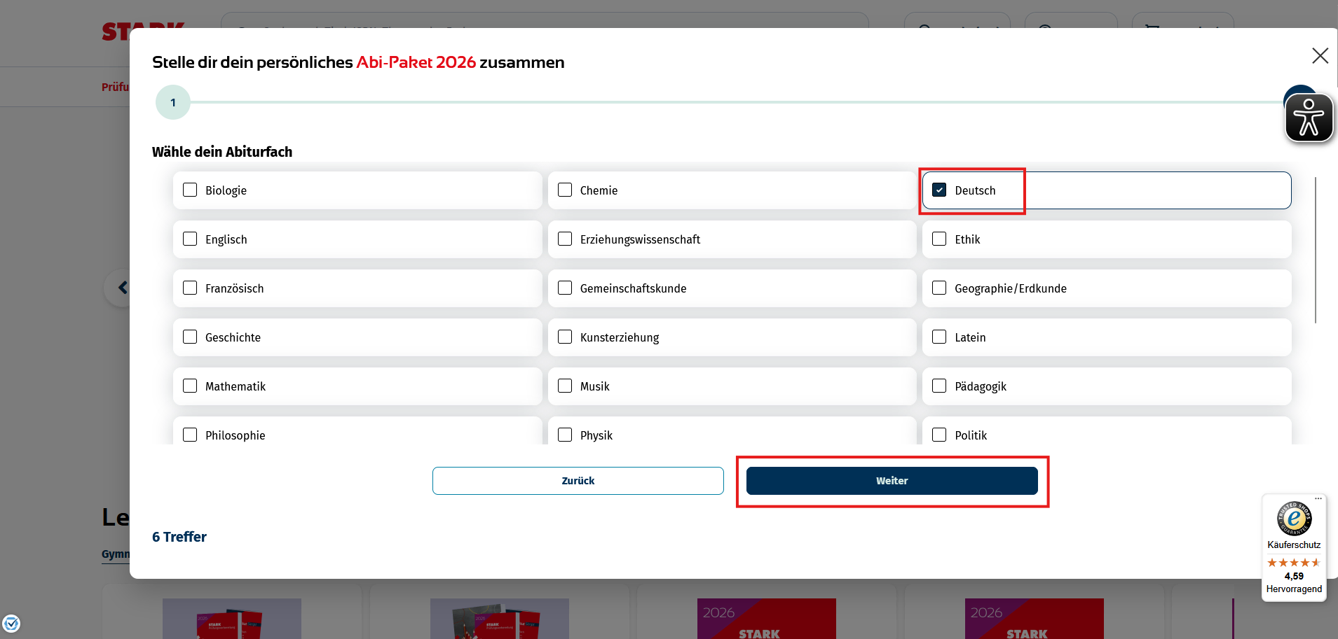Produktauswahl im STARK Onlineshop - Fächerauswahl im Produktfinder