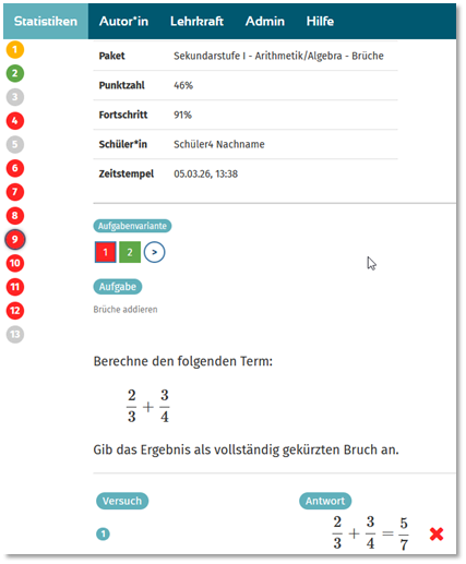 STARK Lernstudio: Ein typischer Fehler (ungleichnamige Addition von Zähler+Zähler und Nenner+Nenner) wird in den Statistiken sofort sichtbar STARK Lernstudio Übungen