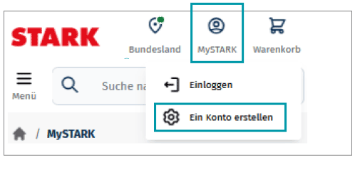 Menü mit den Optionen Einloggen und Konto erstellen