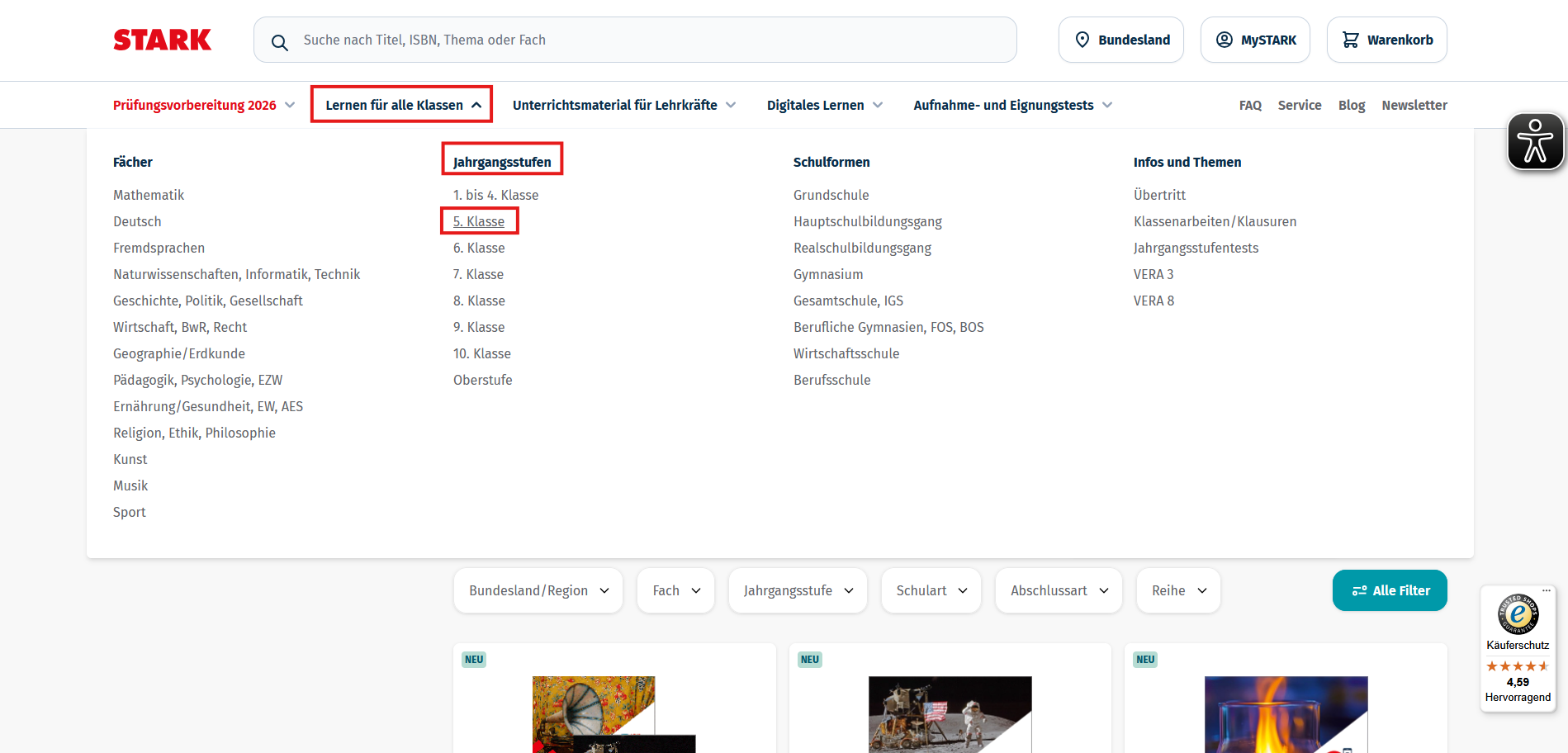 Produktauswahl im STARK Onlineshop - Navigation über Kategorien