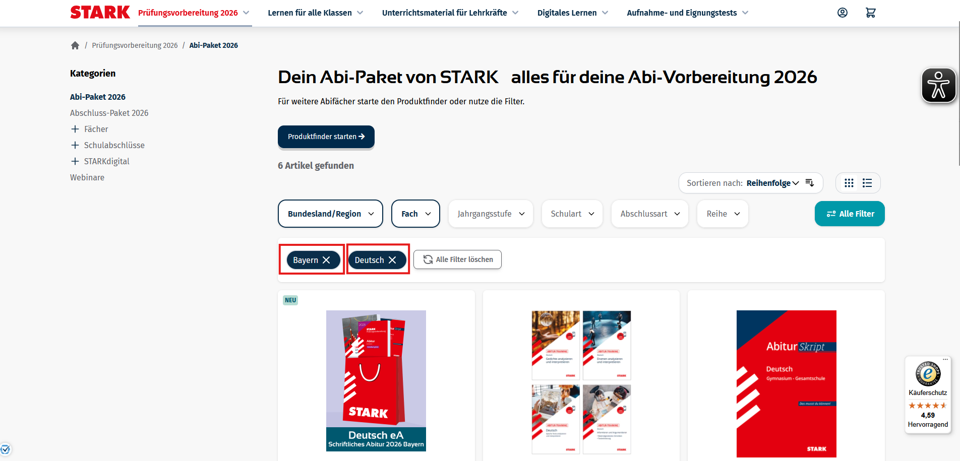 Produktauswahl im STARK Onlineshop - Fächerauswahl im Produktfinder