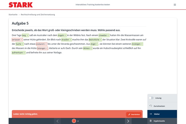 Screenshot Interaktive Aufgabe zu Rechtschreibung und Zeichensetzung