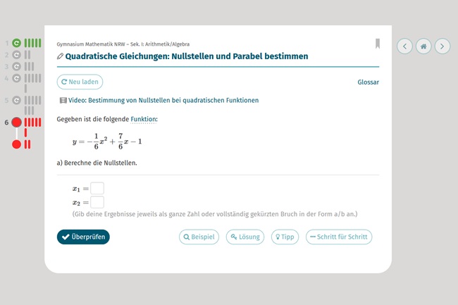 Screenshot STARK Lernstudio: Quadratische Gleichungen Nullstellen und Parabel bestimmen