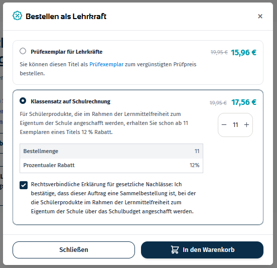 Screenshot STARK Klassensatzbestellung Warenkorb-Button